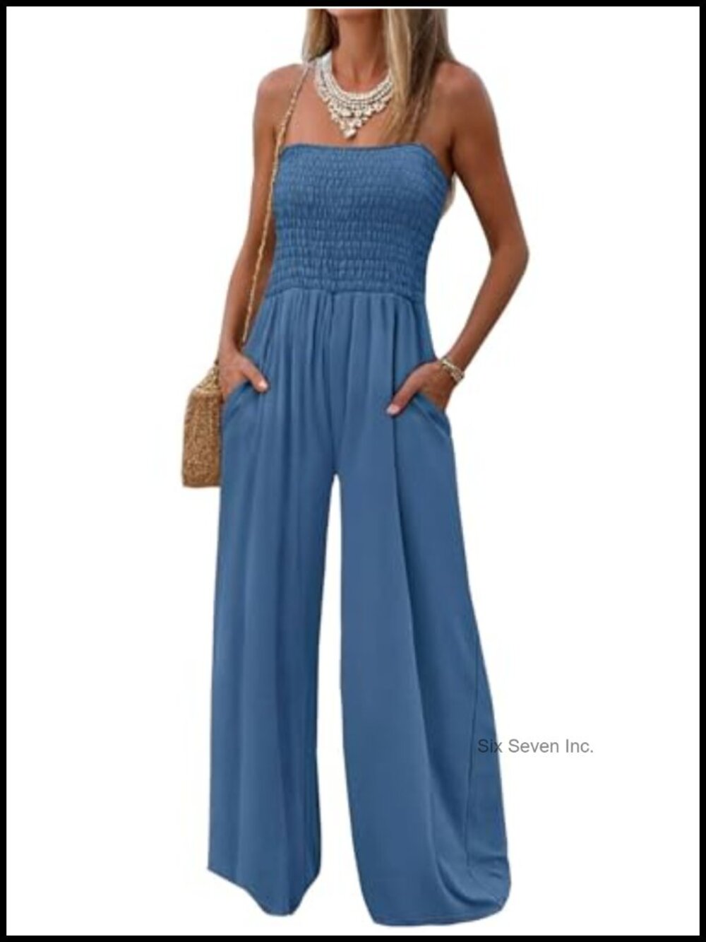 Women Strapless Wide Leg Jumpsuit Smocked Sleeveless Casual Summer Romper
